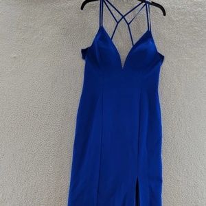 Aidan by Aidan Mattox V-Neck Column Gown Women's 10 True Blue Side Slit Back Zip